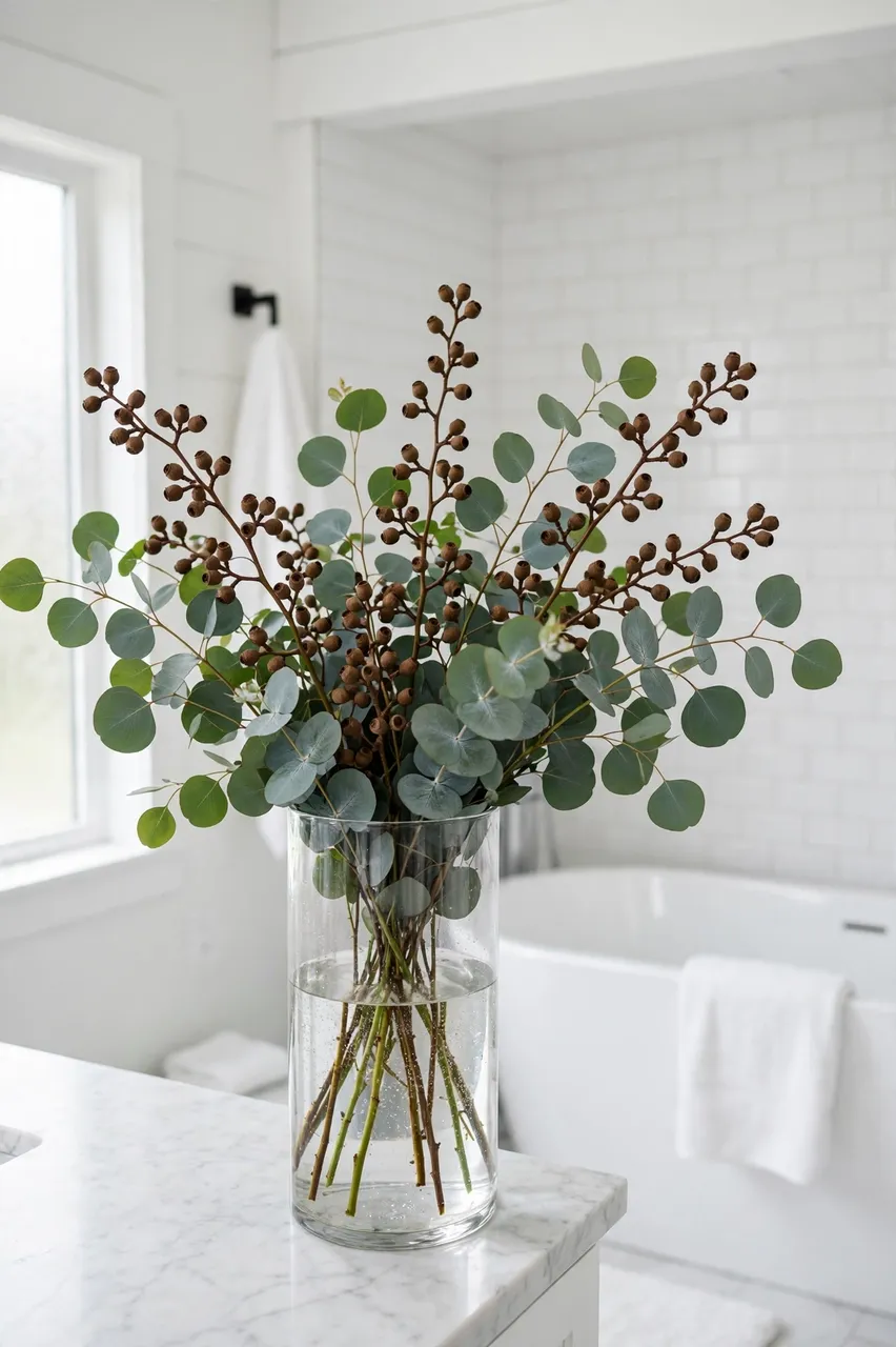 Seeded round-leaf eucalyptus stems in a clear glass vase sit on a marble bathroom countertop