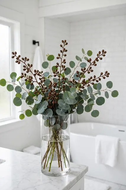 Seeded round-leaf eucalyptus stems in a clear glass vase sit on a marble bathroom countertop