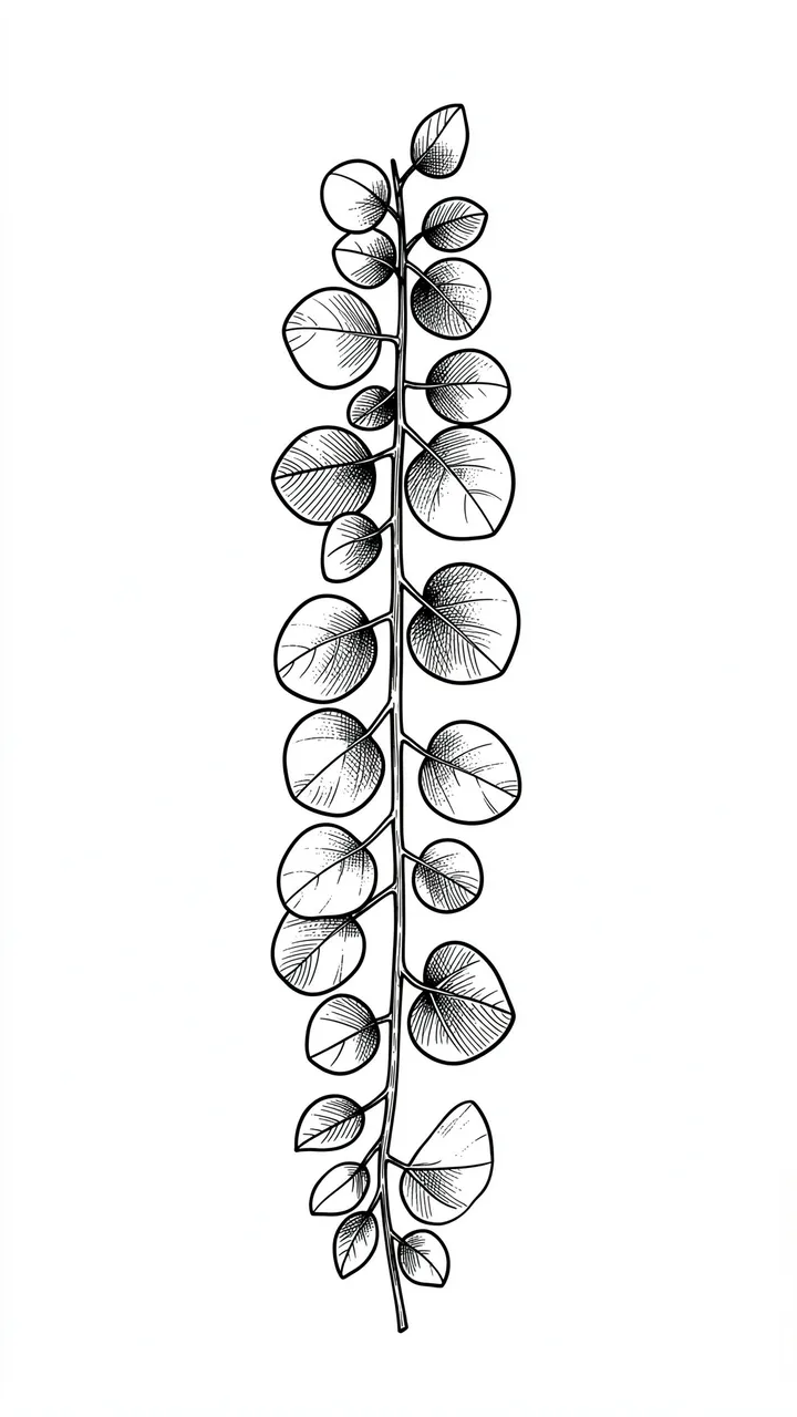 Vertical fine black line drawing of a trailing round-leaf eucalyptus branch on a plain white background