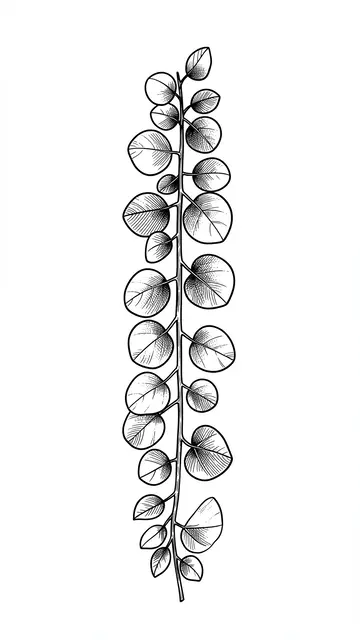 Vertical fine black line drawing of a trailing round-leaf eucalyptus branch on a plain white background