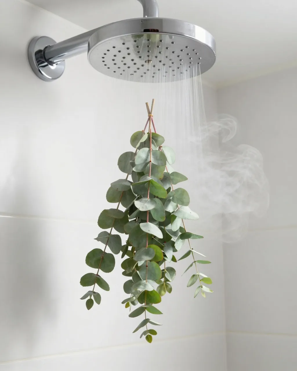 Fresh eucalyptus hangs below a running chrome shower head with wispy steam in a white tiled bathroom.