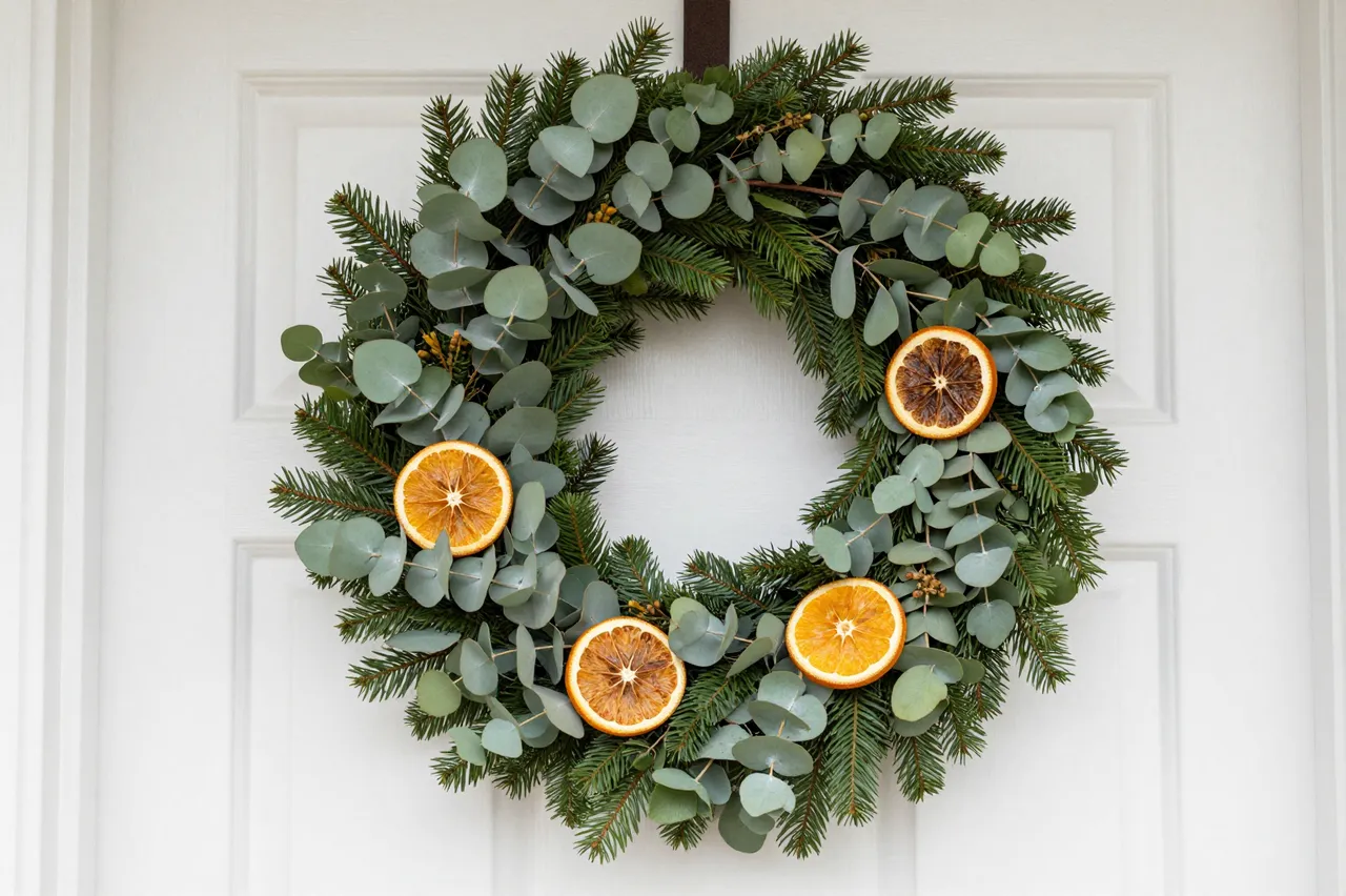 Festive evergreen wreath with eucalyptus and dried orange slices hung on a white paneled front door
