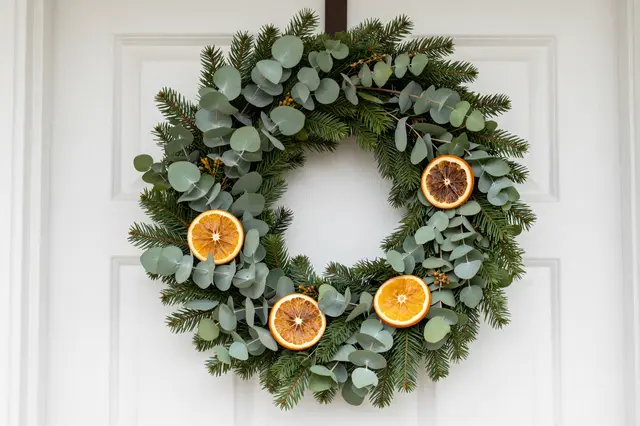 Festive evergreen wreath with eucalyptus and dried orange slices hung on a white paneled front door
