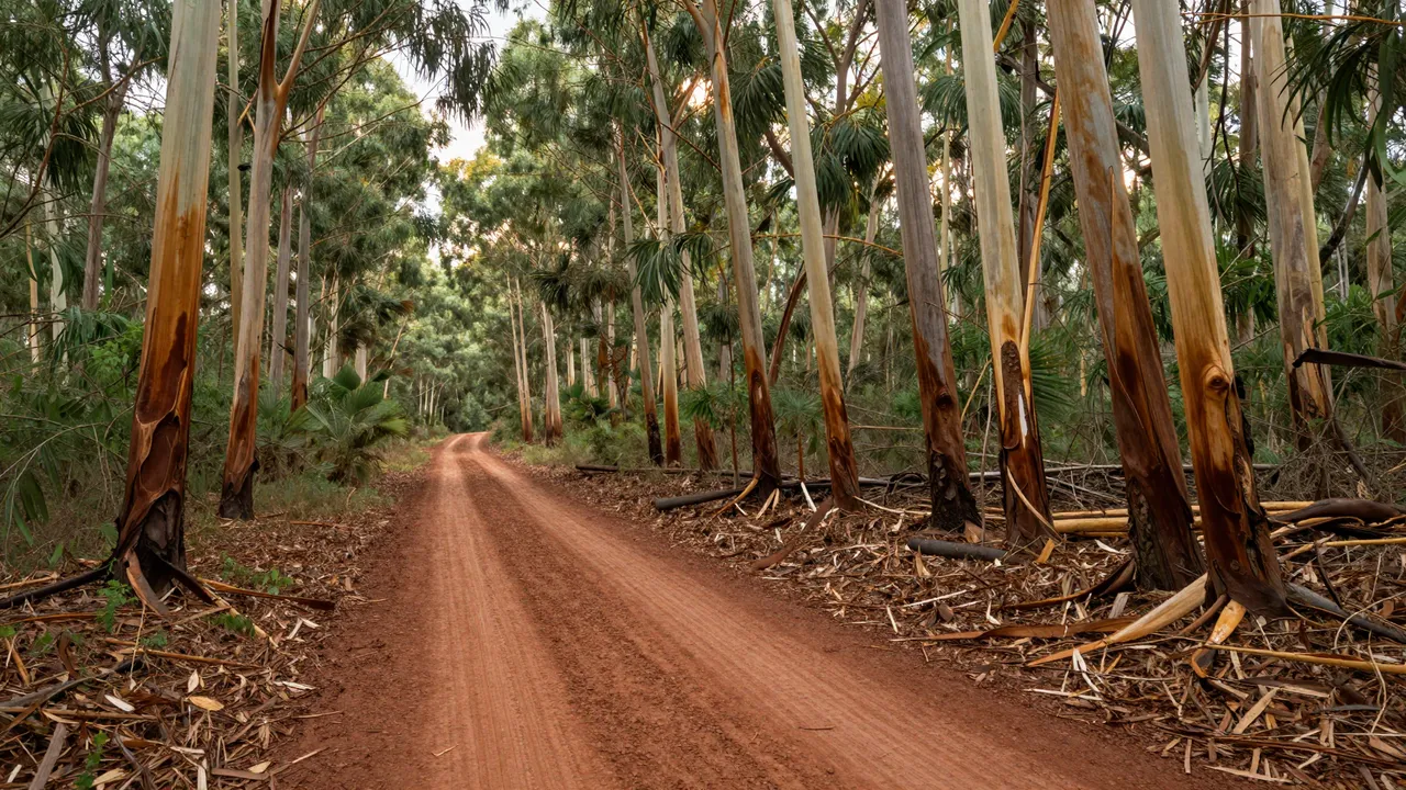 Reddish dirt trail winds through tall eucalyptus trees in late afternoon light after rain
