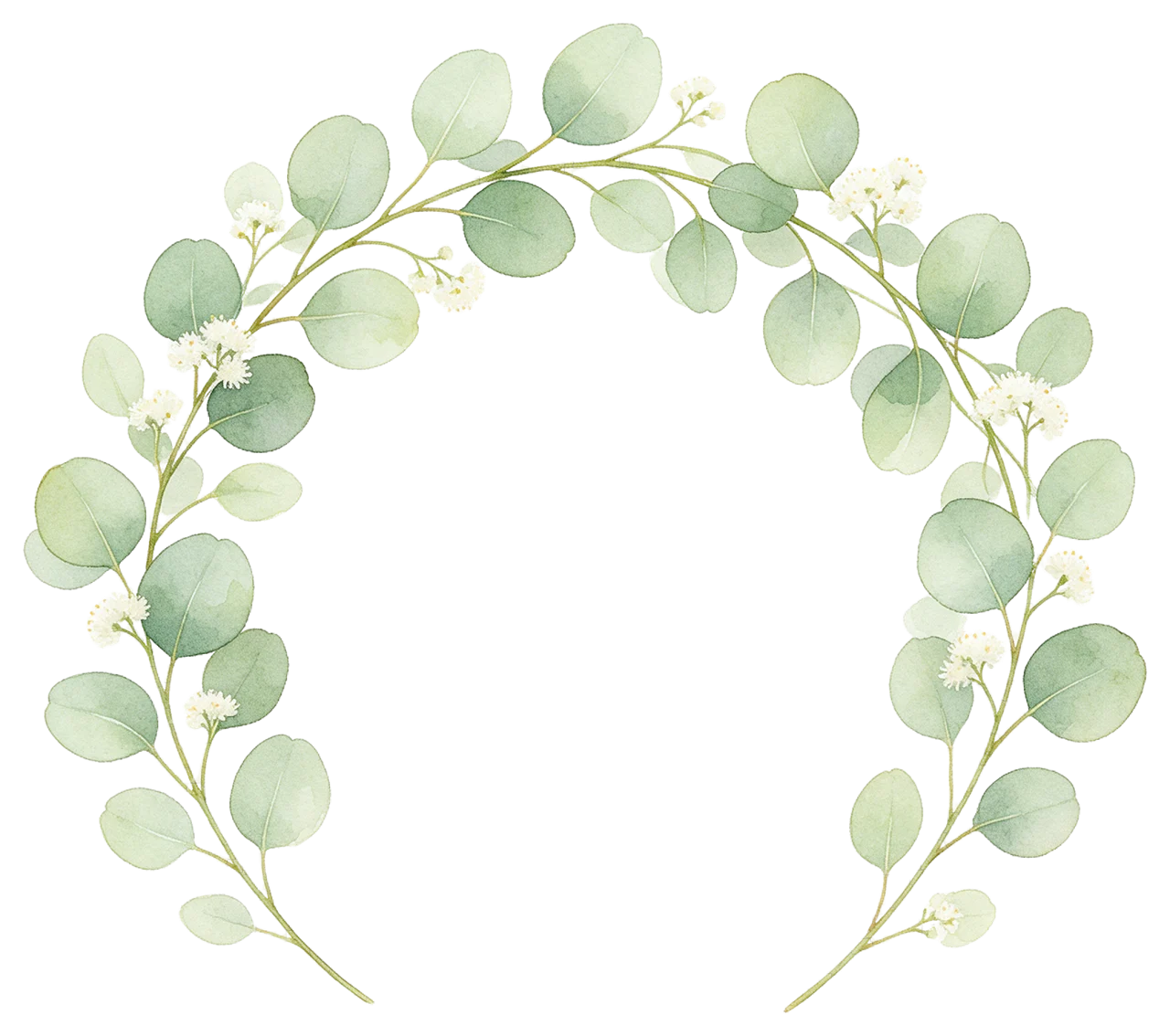 Soft watercolour half wreath of eucalyptus branches dotted with tiny white flowers