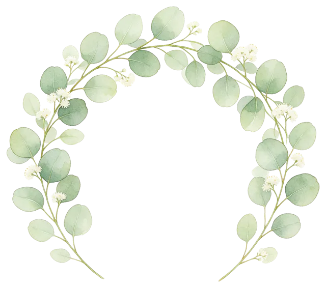Soft watercolour half wreath of eucalyptus branches dotted with tiny white flowers