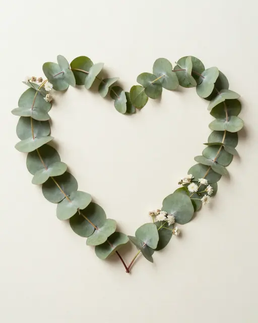 A heart-shaped outline made of eucalyptus leaves and small gypsophila flowers rests on a smooth cream paper background.