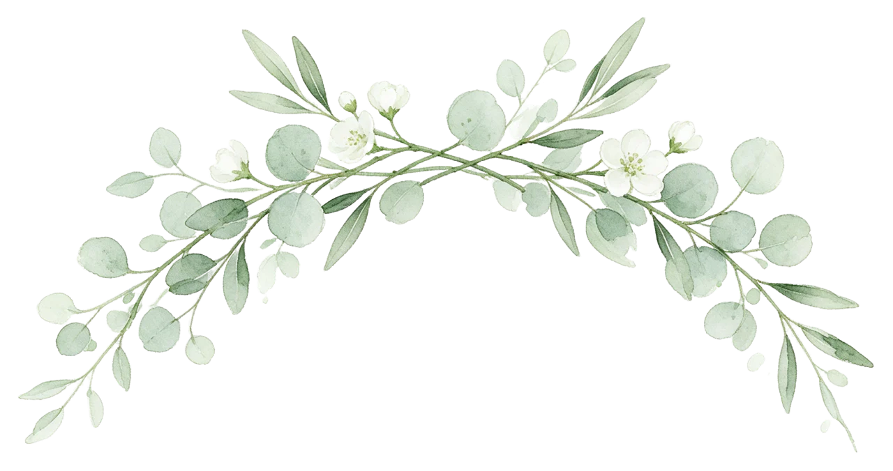 Soft watercolor horizontal arch garland of eucalyptus, olive sprigs and small white flowers