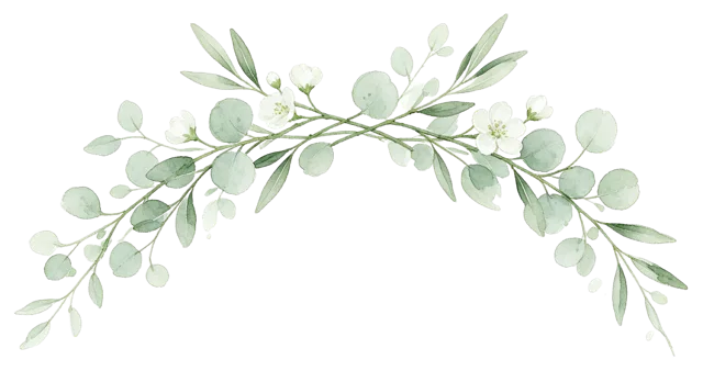 Soft watercolor horizontal arch garland of eucalyptus, olive sprigs and small white flowers