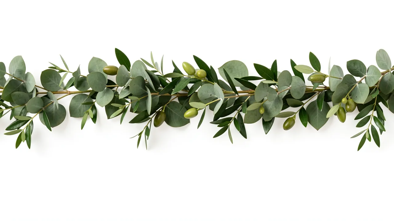 Horizontal garland of eucalyptus, olive and ruscus leaves rests across a plain white background
