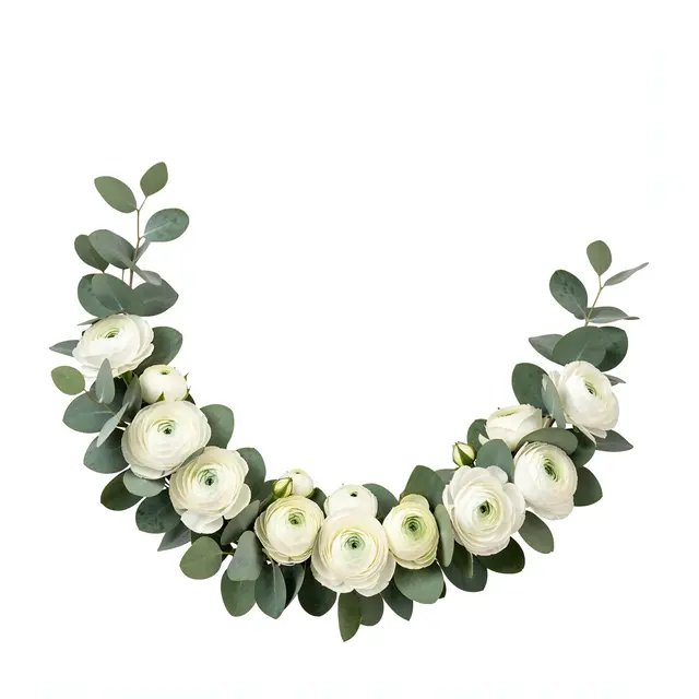 A curved bottom floral arrangement of white ranunculus and eucalyptus on a plain white background