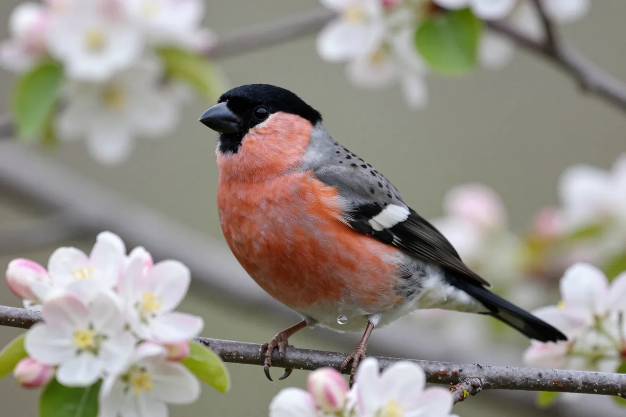 A rosy-breasted eurasian bullfinch perches on a branch surrounded by pale pink and white apple blossoms.