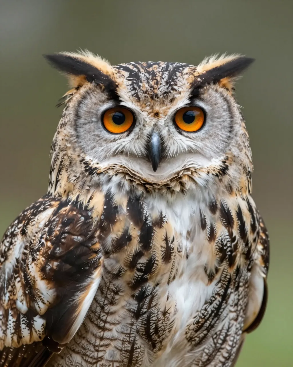 Close-up portrait of a eurasian eagle-owl staring directly at the camera with bright orange eyes