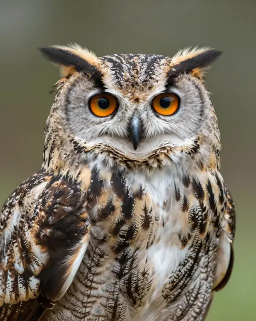 Close-up portrait of a eurasian eagle-owl staring directly at the camera with bright orange eyes