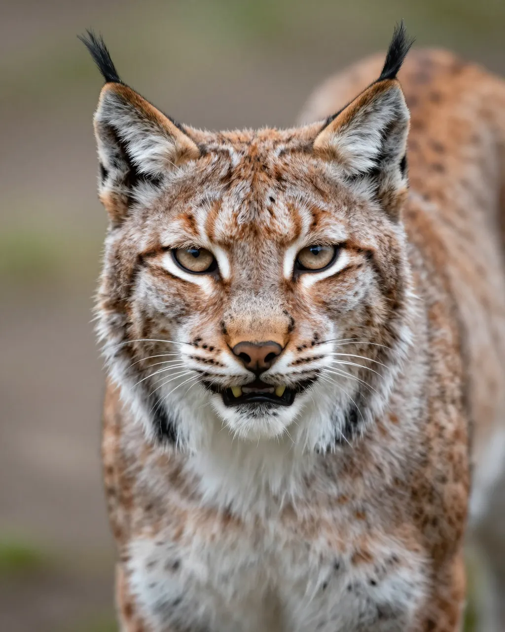 Close-up portrait of an eurasian lynx with distinct black ear tufts gazing directly at the viewer
