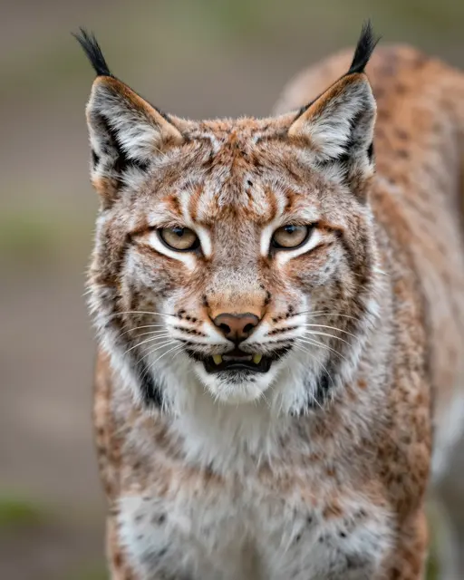 Close-up portrait of an eurasian lynx with distinct black ear tufts gazing directly at the viewer