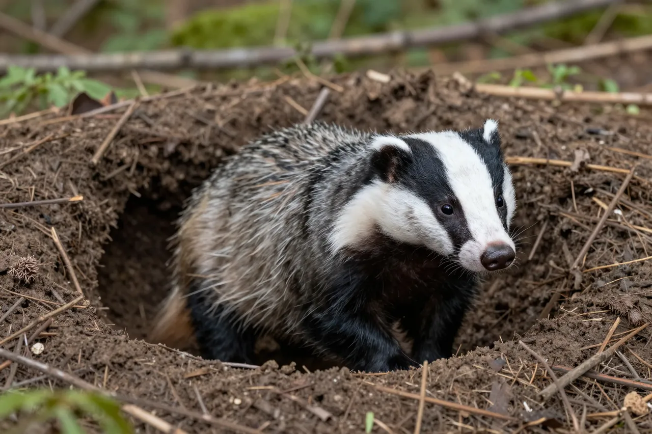 A European badger stands at the dirt entrance of its forest sett, facing the viewer