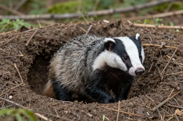 A European badger stands at the dirt entrance of its forest sett, facing the viewer