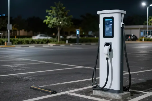 Empty electric vehicle charger stands in a lit asphalt parking lot after dark