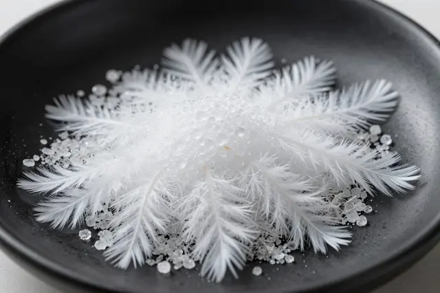 Feathery branching white salt crystals grow across the surface of a dark black dish from evaporating salt water.