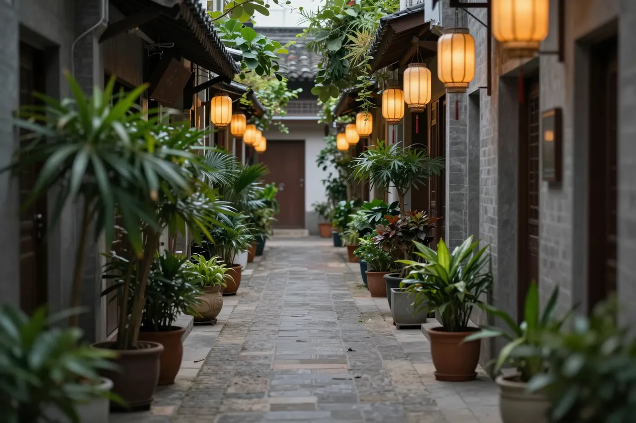 A quiet paved narrow alley lined with potted plants and glowing hanging lanterns at dusk