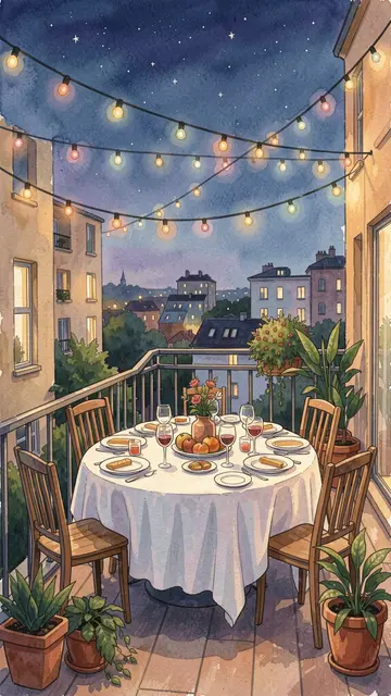 A set dining table on a lit apartment balcony under starry evening skies with string lights and potted plants