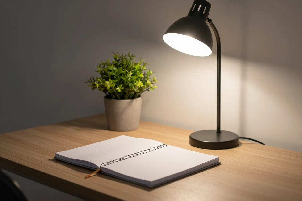 Lit desk lamp, open spiral notebook, and potted plant sit on a light wooden table against a plain wall