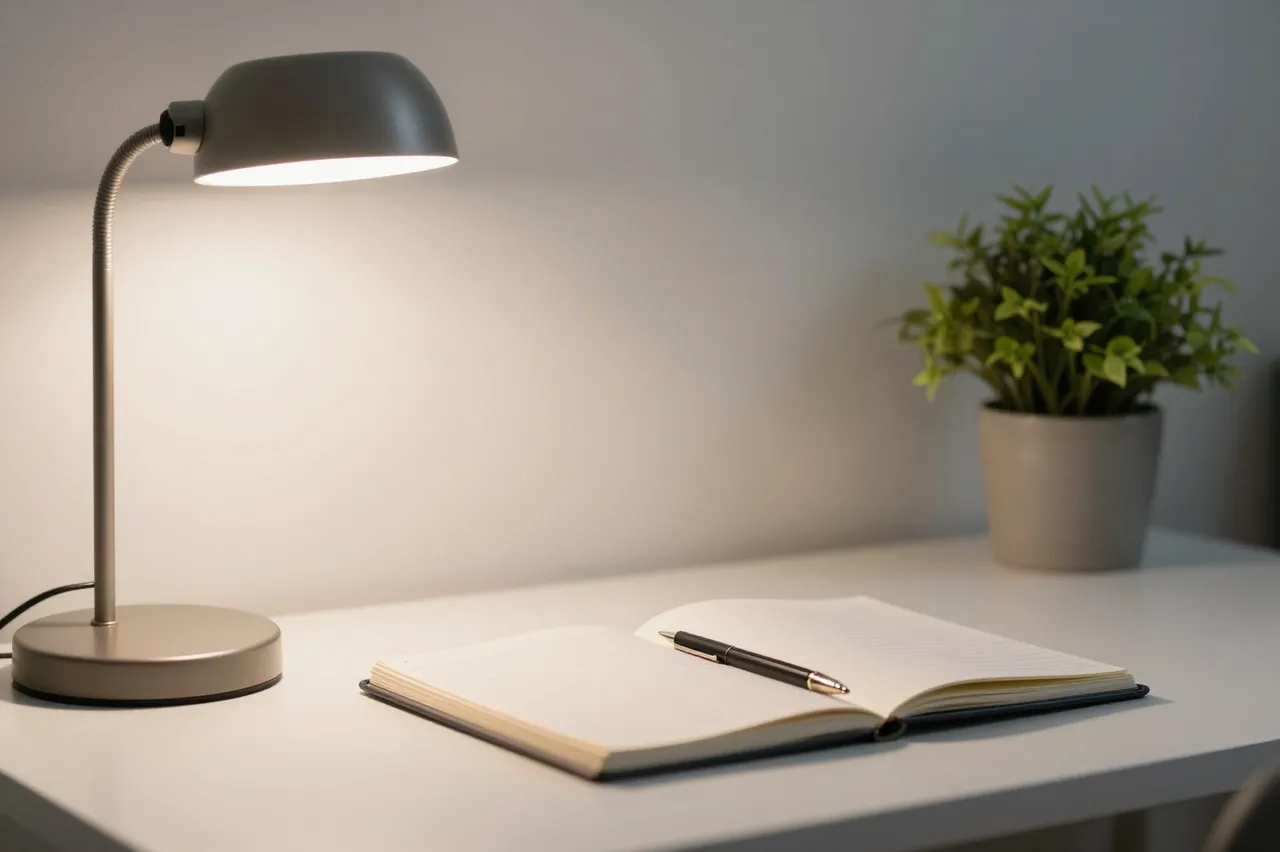 Lit desk lamp, open lined notebook, pen and potted plant sit on a clean white desk in soft evening light
