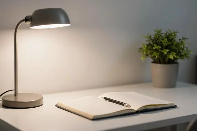 Lit desk lamp, open lined notebook, pen and potted plant sit on a clean white desk in soft evening light