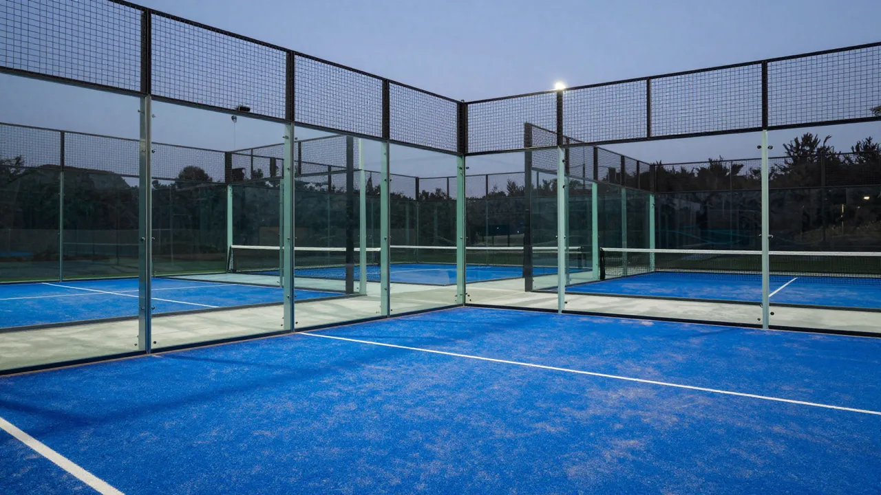 Empty padel court with glass walls and blue turf under soft evening twilight lighting
