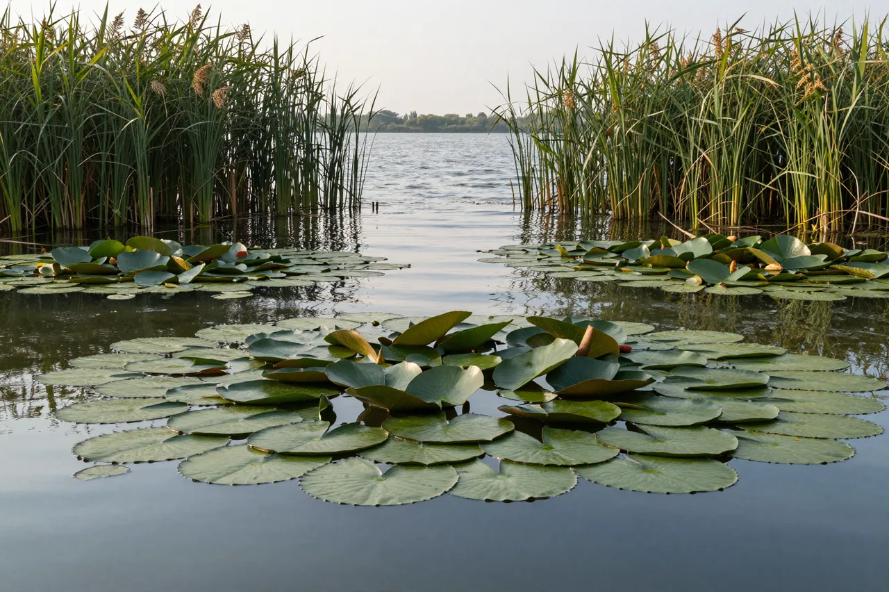 Calm lake dotted with lily pads and framed by tall reeds under soft pale evening light
