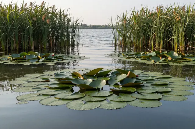 Calm lake dotted with lily pads and framed by tall reeds under soft pale evening light