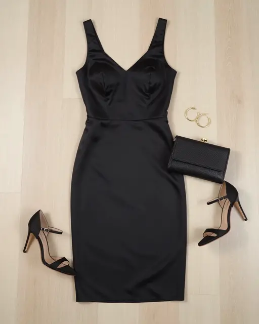 Black satin midi dress, strappy heels, clutch and gold hoops arranged on light wood flooring