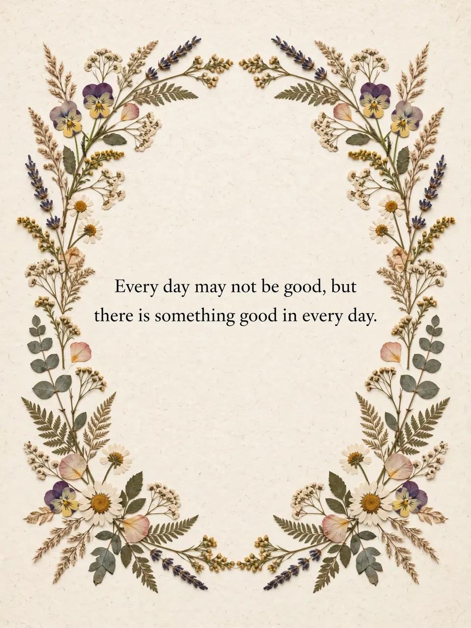 Pressed flower frame surrounds the quote "Every day may not be good, but there is something good in every day" on a cream