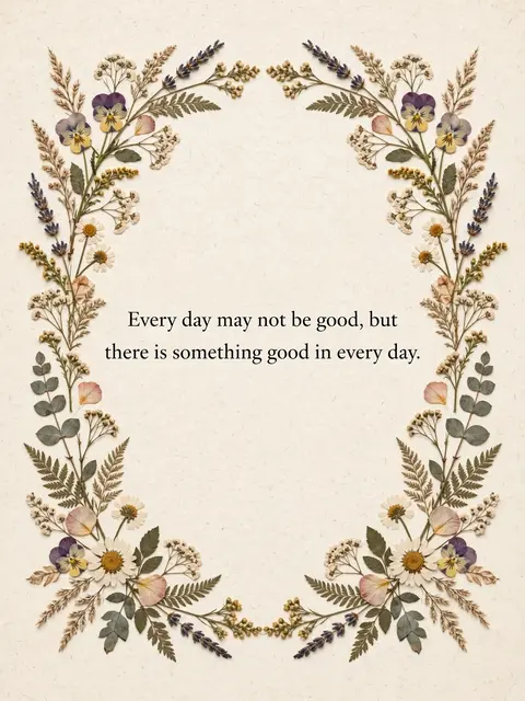 Pressed flower frame surrounds the quote "Every day may not be good, but there is something good in every day" on a cream
