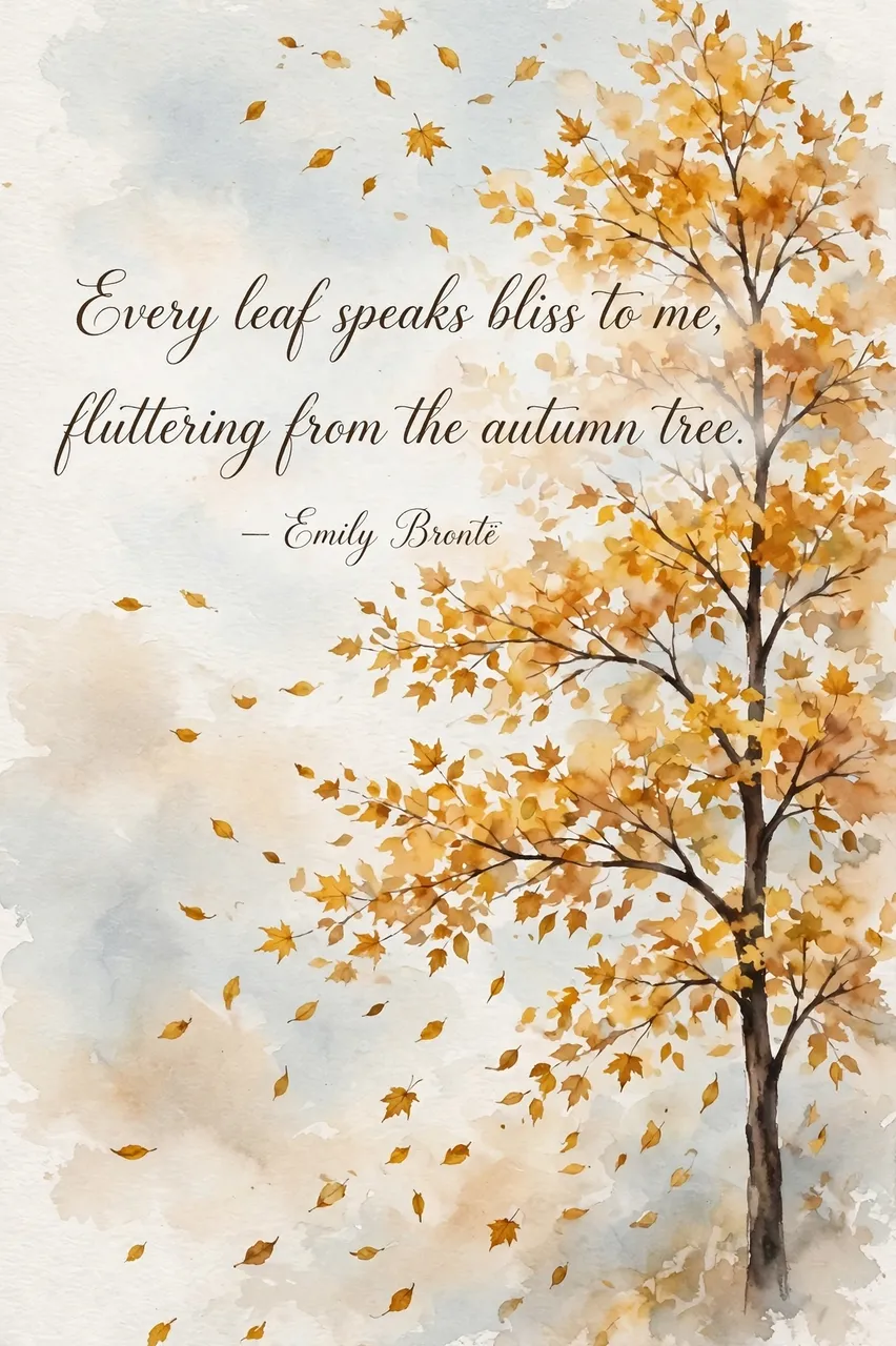 Watercolor autumn tree with falling golden leaves, featuring the quote "Every leaf speaks bliss to me, fluttering from the
