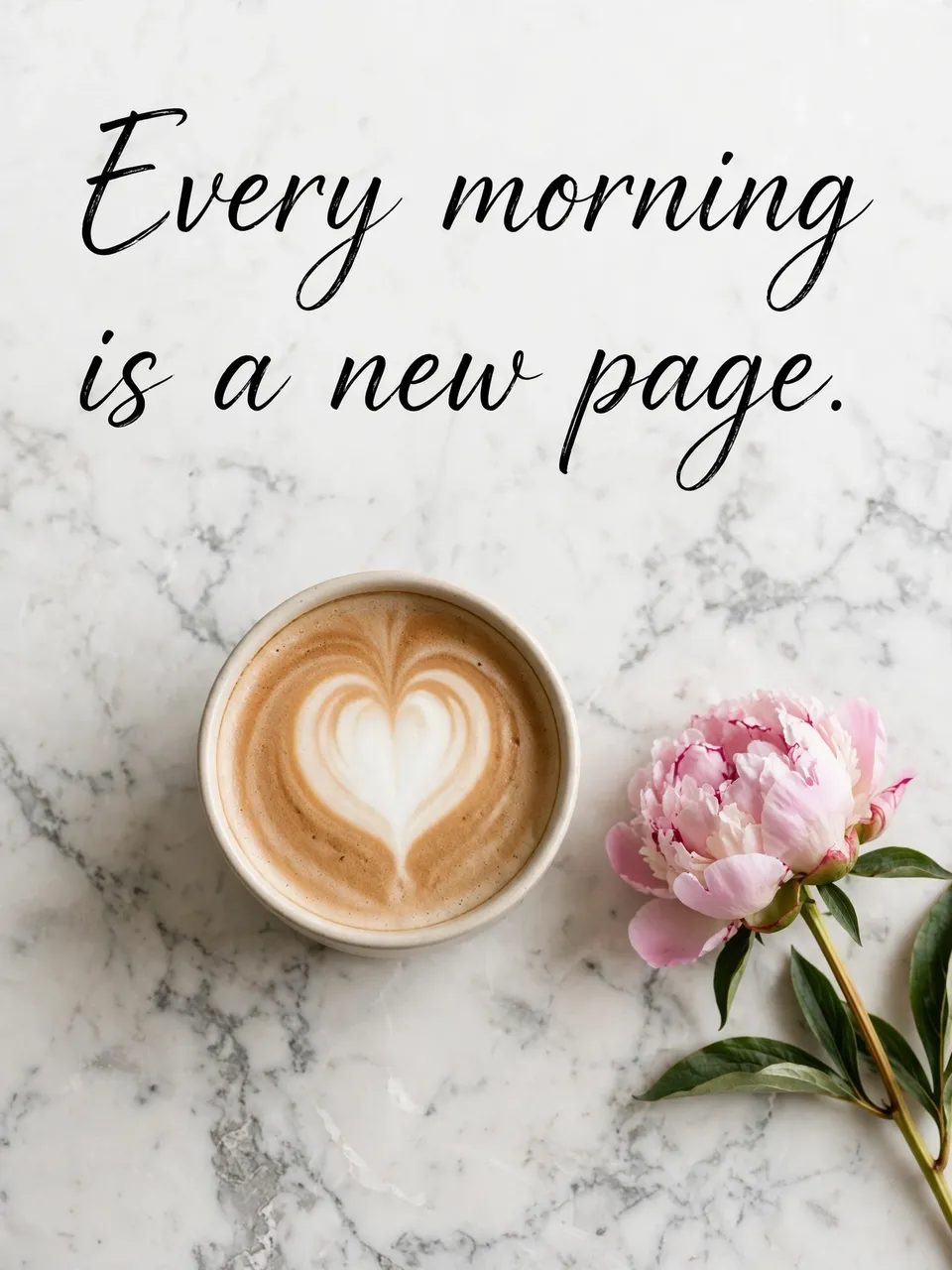 Overhead view of a heart latte, pink peony, and the quote "Every morning is a new page." on white marble
