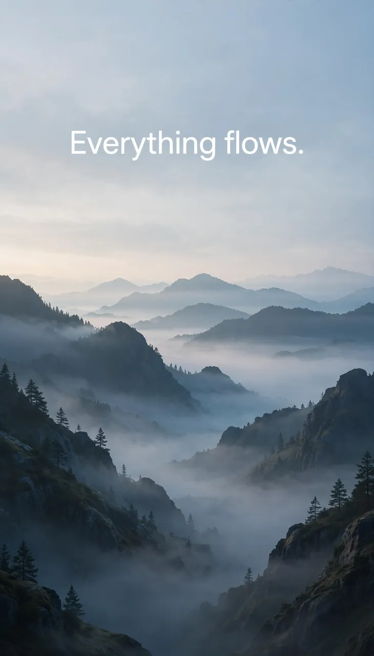 Vertical phone wallpaper with misty dawn mountain ranges and clean white text reading "Everything flows."