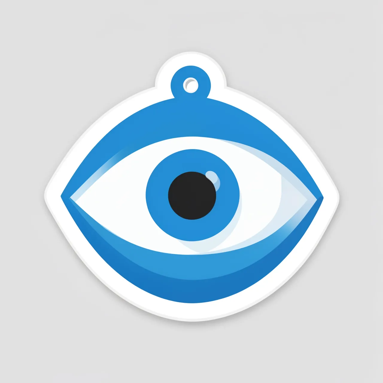 Flat illustrated die-cut evil eye charm sticker with a thick white border on a light gray background