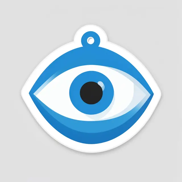 Flat illustrated die-cut evil eye charm sticker with a thick white border on a light gray background