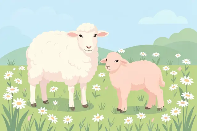 A soft pastel flat vector illustration shows a ewe and her lamb standing in a sunlit daisy meadow under a pale blue sky.