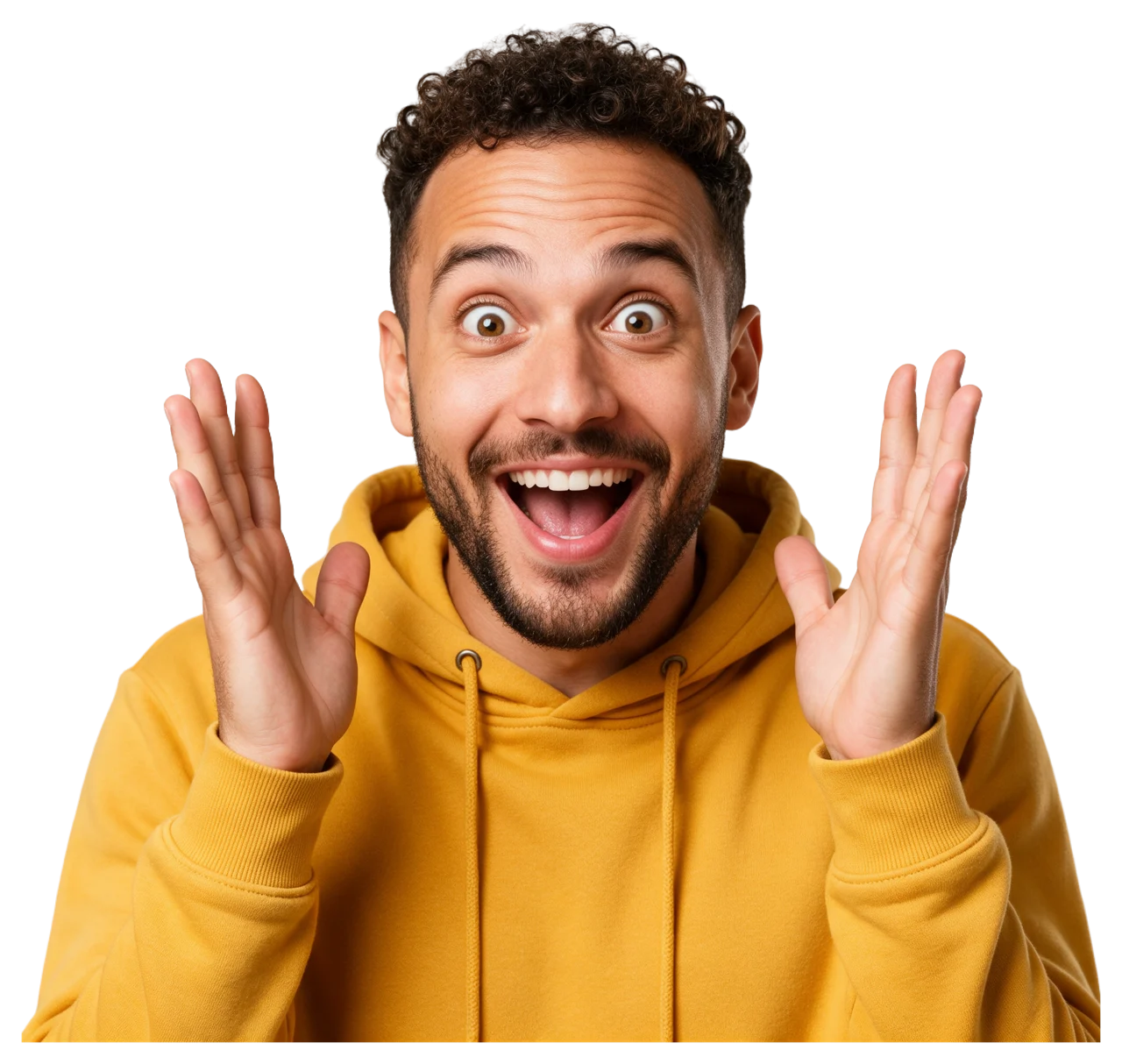 Waist-up portrait of an amazed excited man holding both hands up beside his face