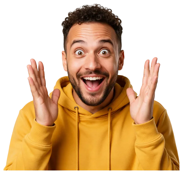 Waist-up portrait of an amazed excited man holding both hands up beside his face