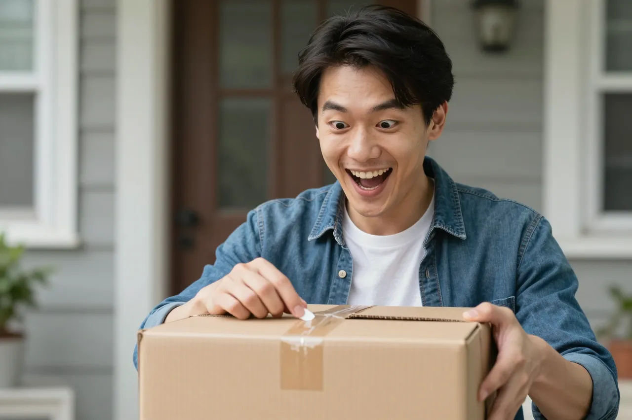 Excited East Asian man opening a plain cardboard delivery box on his home front porch