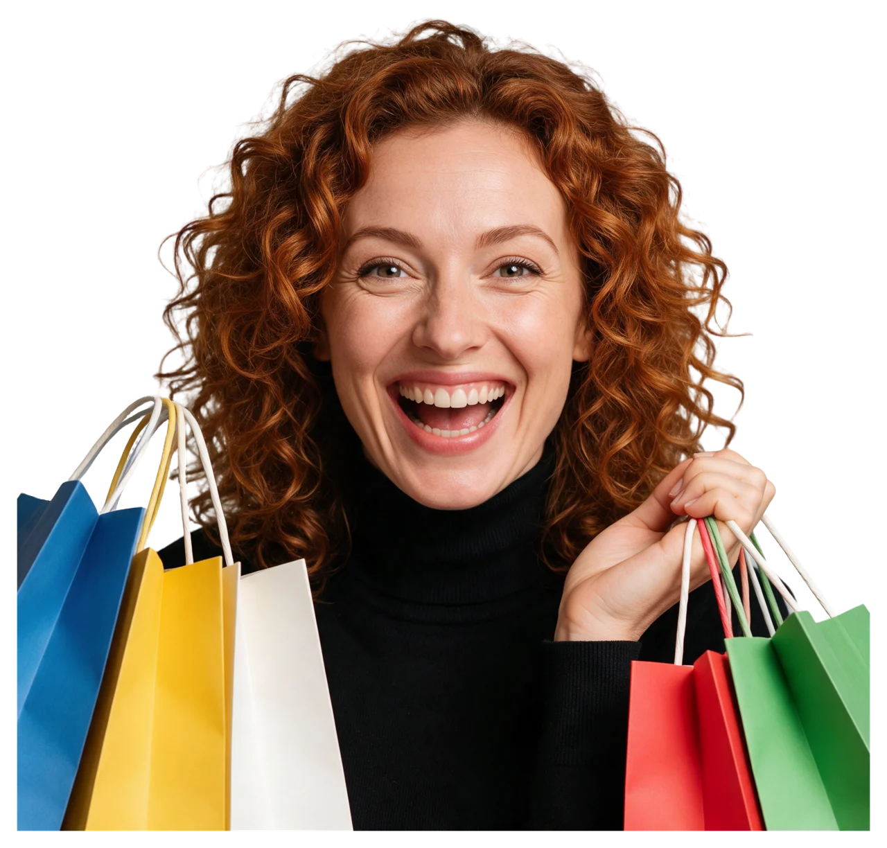 Happy woman with curly auburn hair holds colorful shopping bags and smiles at the camera