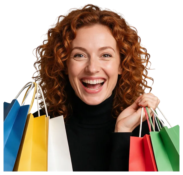 Happy woman with curly auburn hair holds colorful shopping bags and smiles at the camera