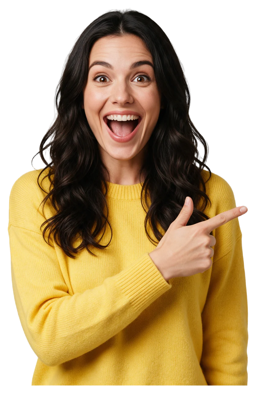 Excited woman with long dark wavy hair in a yellow sweater points to the side with a surprised happy expression