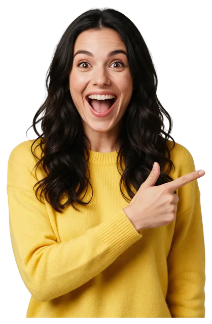 Excited woman with long dark wavy hair in a yellow sweater points to the side with a surprised happy expression