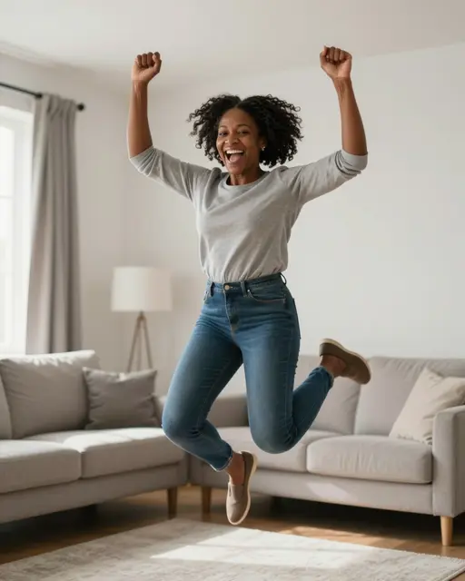 Smiling Black woman jumps in mid air with raised clenched fists in a sunlit living room