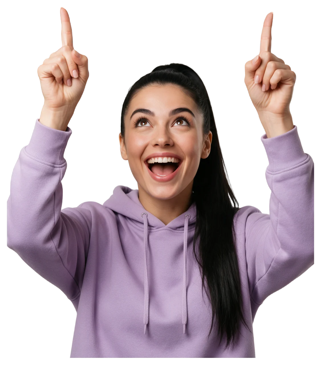 Excited young woman in a lilac hoodie points up with both index fingers while looking up with a big smile